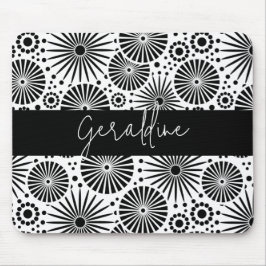 Modern black white geometric starburst Name Mousepad