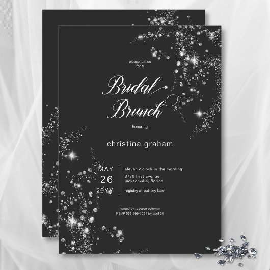 Modern Black & White Glam Diamonds Bridal Brunch Einladung
