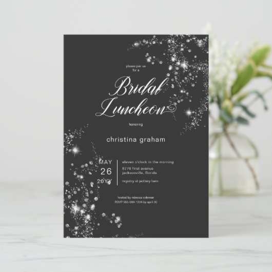 Modern Black & White Glam Diamonds Bridal Luncheon Einladung (Stehend Vorderseite)