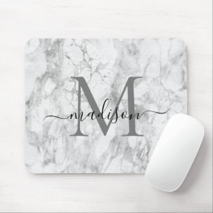 Modern Black White Gray Marble Monogram Script Mousepad