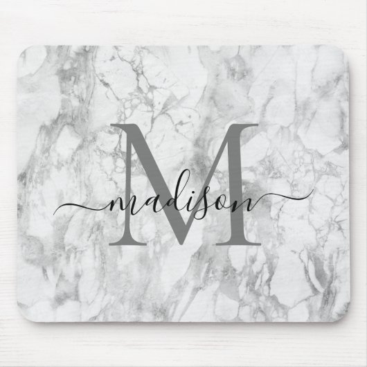Modern Black White Gray Marble Monogram Script Mousepad (Vorne)