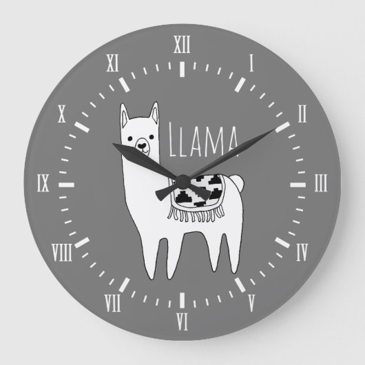 Modern Black & White Llama Sketch Roman Numerals Große Wanduhr (Vorderseite)