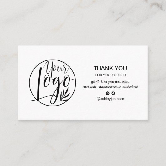Modern black white minimalist logo order thank you visitenkarte (Vorderseite)