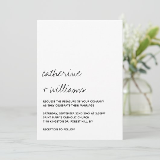 Modern Black & White Minimalist Script Wedding Einladung (Stehend Vorderseite)