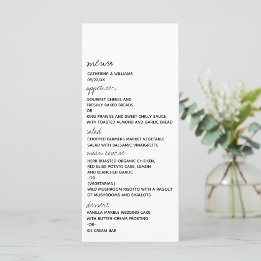 Modern Black & White Minimalist Script Wedding Menükarte (Stehend Vorderseite)