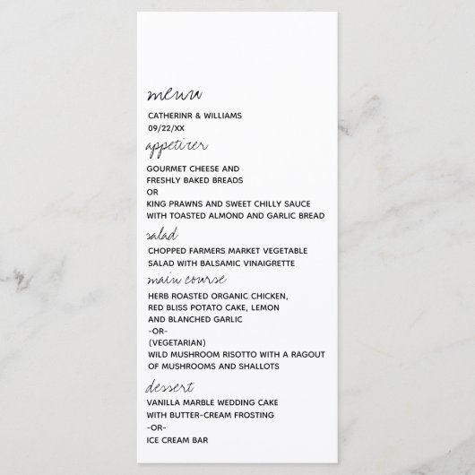 Modern Black & White Minimalist Script Wedding Menükarte (Vorderseite)