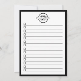 Modern Black White Monogram Name To Do List Einladung