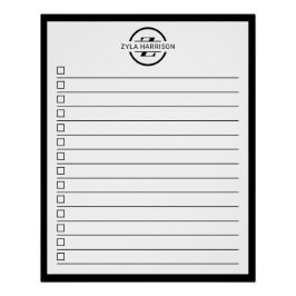Modern Black White Monogram Name To Do List Poster