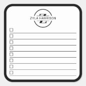 Modern Black White Monogram Name To Do List Quadratischer Aufkleber (Vorderseite)