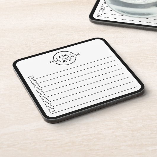 Modern Black White Monogram Name To Do Whiteboard Getränkeuntersetzer (Linke Seite)
