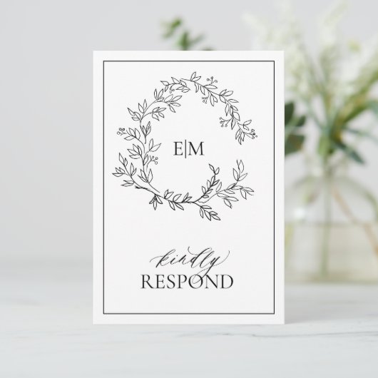 Modern Black White Monogram Wedding QR Code RSVP Karte (Stehend Vorderseite)