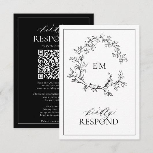 Modern Black White Monogram Wedding QR Code RSVP Karte (Vorne/Hinten)