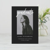 Modern Black White Script Photo Graduation Party Einladung (Stehend Vorderseite)