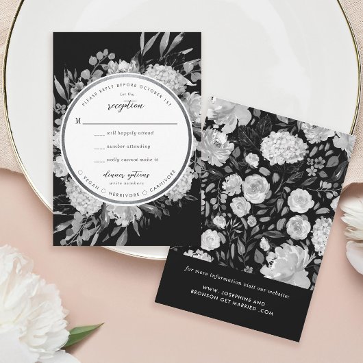 Modern Black & White Watercolor Floral Frame RSVP