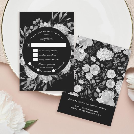 Modern Black & White Watercolor Floral Frame RSVP Karte