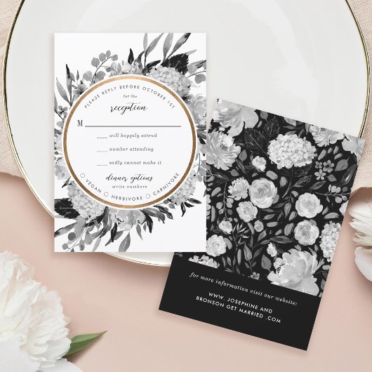 Modern Black & White Watercolor Floral Frame RSVP Karte