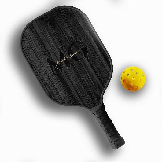 Modern Black Wood Gold Monogram Initials Pickleball Schläger