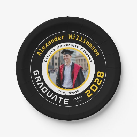 Modern Black Yellow White Graduation Photo Party Pappteller (Vorderseite)