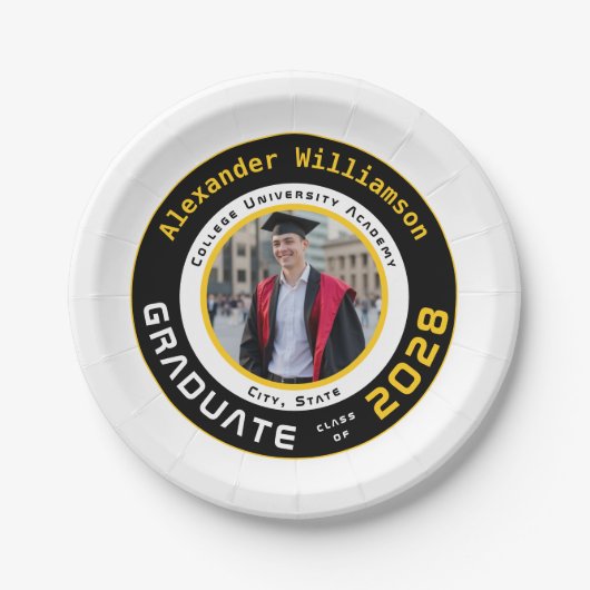 Modern Black Yellow White Graduation Photo Party Pappteller (Vorderseite)