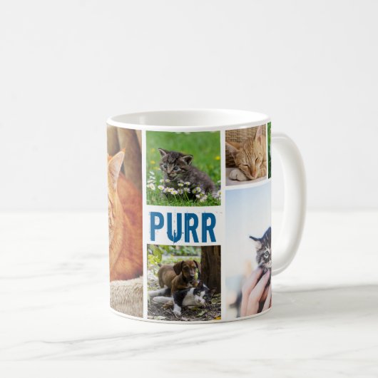 Modern blau Behalten Ruhe auf Katze 7 Foto Collage Kaffeetasse (VorderseiteRechts)