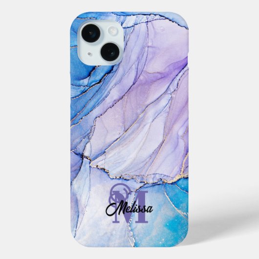 Modern Blau und Lila marbled monogramname Case-Mate iPhone Hülle (Rückseite)
