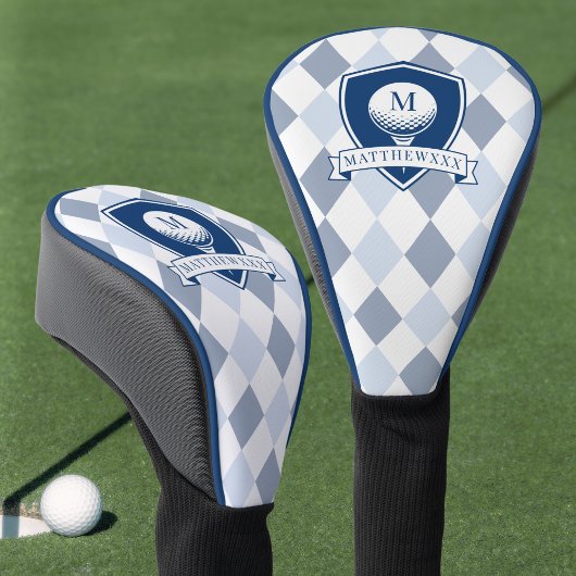 Modern Blau-Weiß-Muster Initialen-Monogramm Golf Headcover