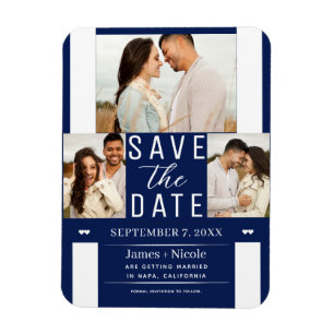 Modern Blau & Weiß Save the Date 3 Foto Hochzeit Magnet