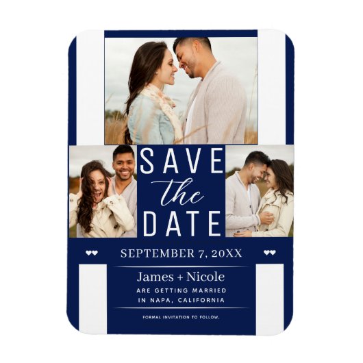 Modern Blau & Weiß Save the Date 3 Foto Hochzeit Magnet (Vertikal)