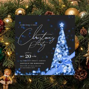 MODERN Blaue Weihnachtsbaum-Schleife Winter-Party  Einladung