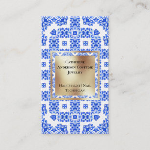 Modern blaue, weiße Fliesen, goldfarbenes Quadrat Visitenkarte