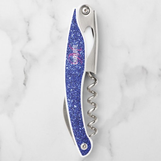 Modern blauer Glitzer rosa Monogramm Name Kellner  Kellnermesser (Rückseite)