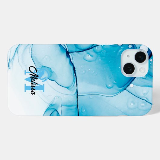 Modern blauer Marmormonogramm Case-Mate iPhone Hülle (Rückseite (Horizontal))