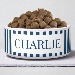 Modern Blaues Streifenmuster Minimales Hunde Name  Napf