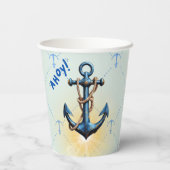 Modern Blue Ahoy! Anchor Nautical Baby Dusche Pappbecher (Rückseite)