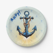 Modern Blue Ahoy! Anchor Nautical Baby Dusche Pappteller (Vorderseite)