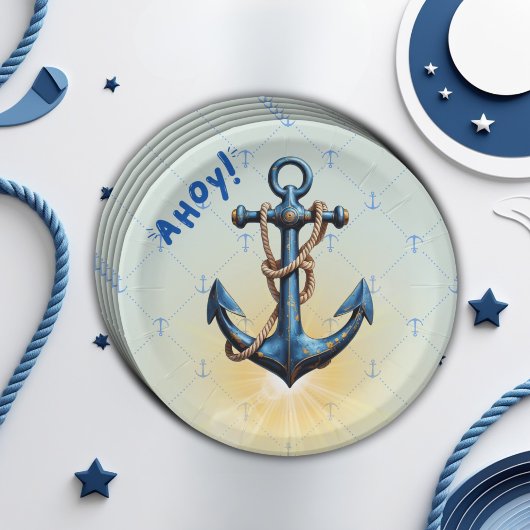 Modern Blue Ahoy! Anchor Nautical Baby Dusche Pappteller