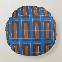 Modern Blue and Brown Geometric Plaid Pattern | Rundes Kissen
