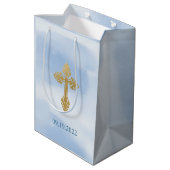 Modern Blue And Gold Boy Baptism Thank You  Mittlere Geschenktüte (Rückseite Schrägansicht)