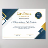 Modern Blue and Gold Certificate of Appreciation P Poster (Vorne)