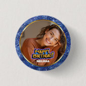 Modern Blue and Gold Glitter Photo Name Birthday Button (Vorderseite)
