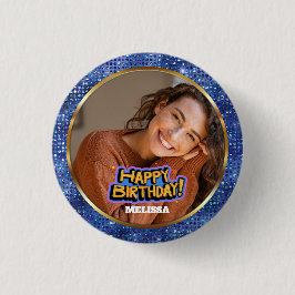 Modern Blue and Gold Glitter Photo Name Birthday Button