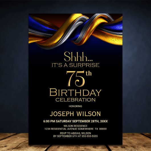 Modern Blue and Gold Surprise 75th Birthday Party Einladung