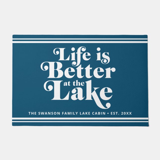 Modern Blue and White Lake Life Family Name   Fußmatte (Vorderseite)