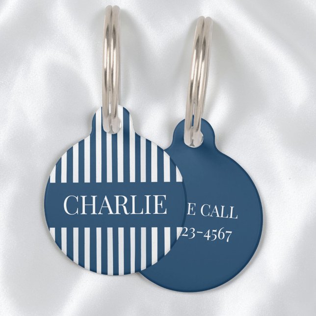 Modern Blue and White Stripes Personalized Name Haustiermarke (Modern Blue and White Stripes Personalized Name Pet ID Tag)