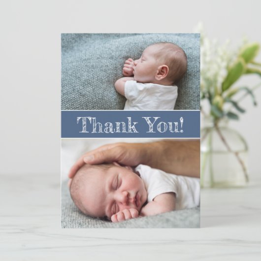 Modern Blue Baby Boy Fotos Vielen Dank Ankündigung (Stehend Vorderseite)