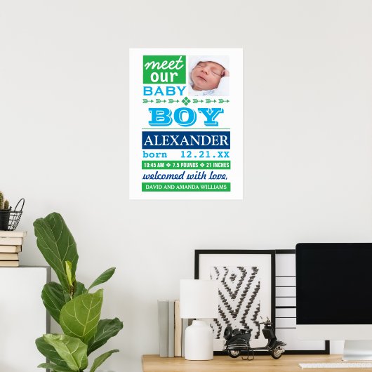 Modern Blue Baby Boy Photo Birth Announcement Poster (Heimbüro)