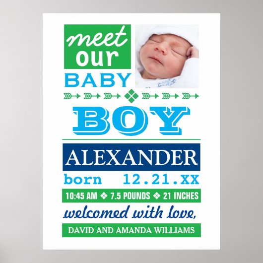 Modern Blue Baby Boy Photo Birth Announcement Poster (Vorne)