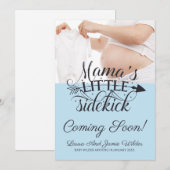 Modern Blue Baby Boy Typografy Foto Pregnancy Ankündigung (Vorne/Hinten)