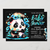Modern Blue Bamboo Panda Boy Baby Dusche Einladung (Vorne/Hinten)