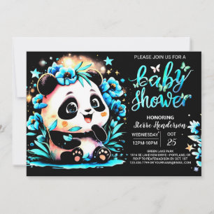Modern Blue Bamboo Panda Boy Baby Dusche Einladung